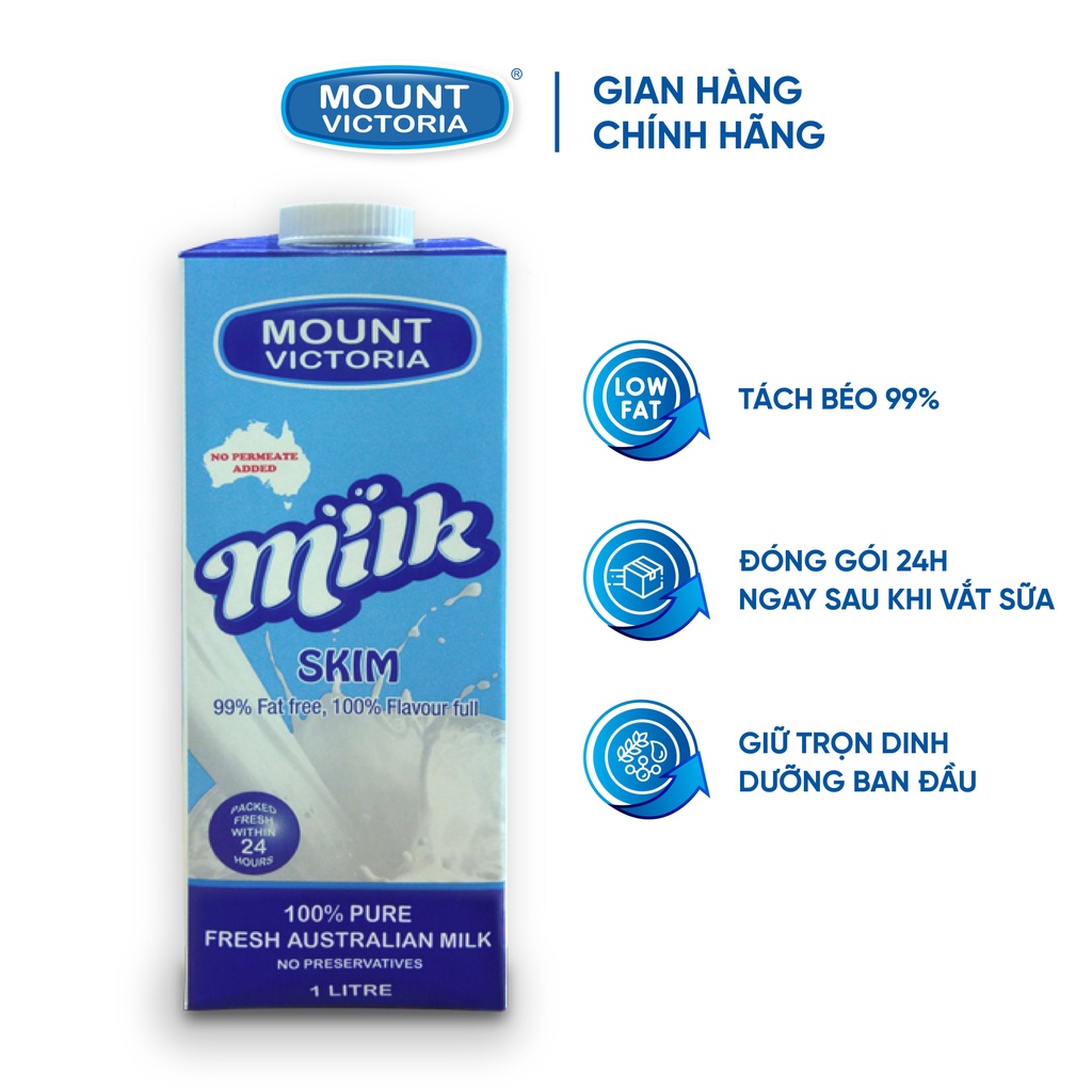 Sữa Tươi Tiệt Trùng Tách Béo Mount Victoria Nhập Khẩu Chính Hãng Úc, Bổ Sung Canxi, Hộp 1 Lít