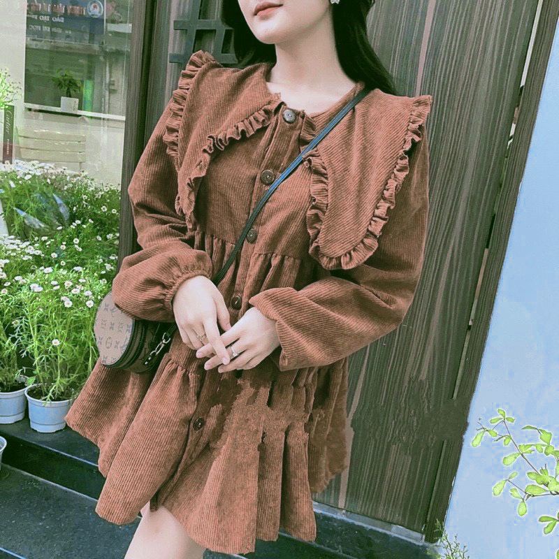 Váy Đầm Babydoll Cổ Bèo Tay Dài Tiểu Thư Chất Nhung Tăm