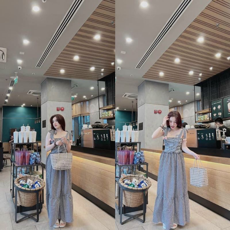 Đầm Caro 2 Dây Lủng Lẳng Cột Nơ Dễ Thương