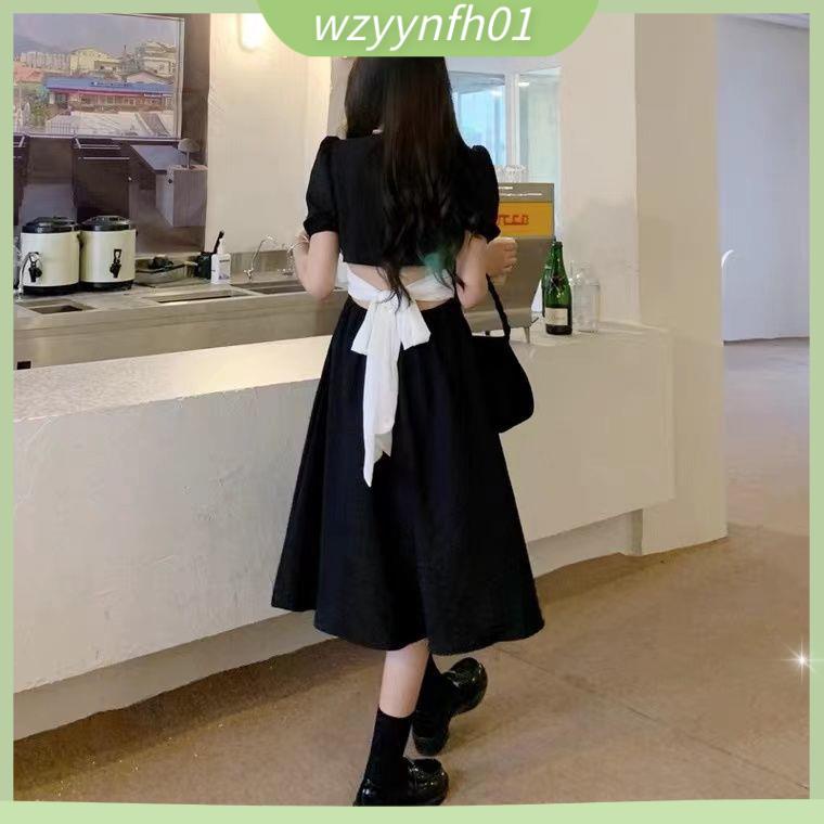 Váy babydoll Đầm Đen Cổ Vuông Hở Lưng Cột Dây Cột Nơ Cỡ Lớn Thời Trang Hè Pháp 2022 Trẻ Trung