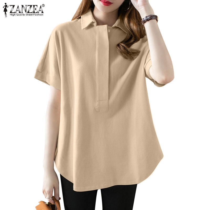 Áo kiểu nữ ZANZEA tay ngắn màu trơn phong cách Hàn Quốc