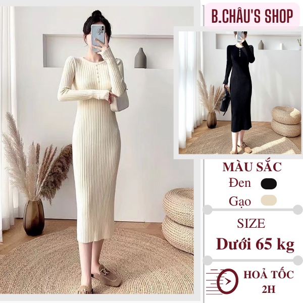 Váy len nữ tay dài fom rộng mẹ bầu | Đầm len nữ dáng dài thụng suông bigsize thu đông