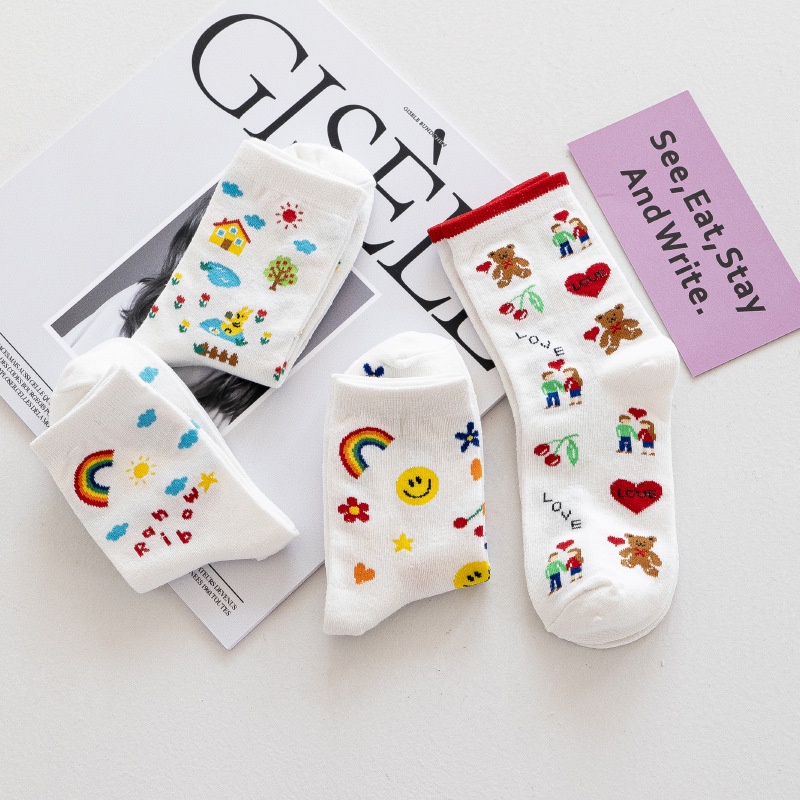 Đôi vớ WAFNHA D602 bằng cotton mềm mại cổ trung họa tiết hoạt hình dễ thương xinh xắn