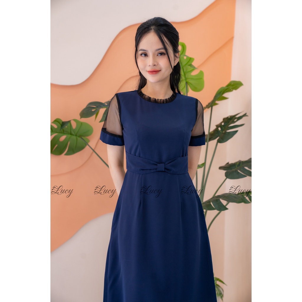 Đầm xòe Micol 6533 lụa trơn phối tay lưới cổ bèo váy Lucy