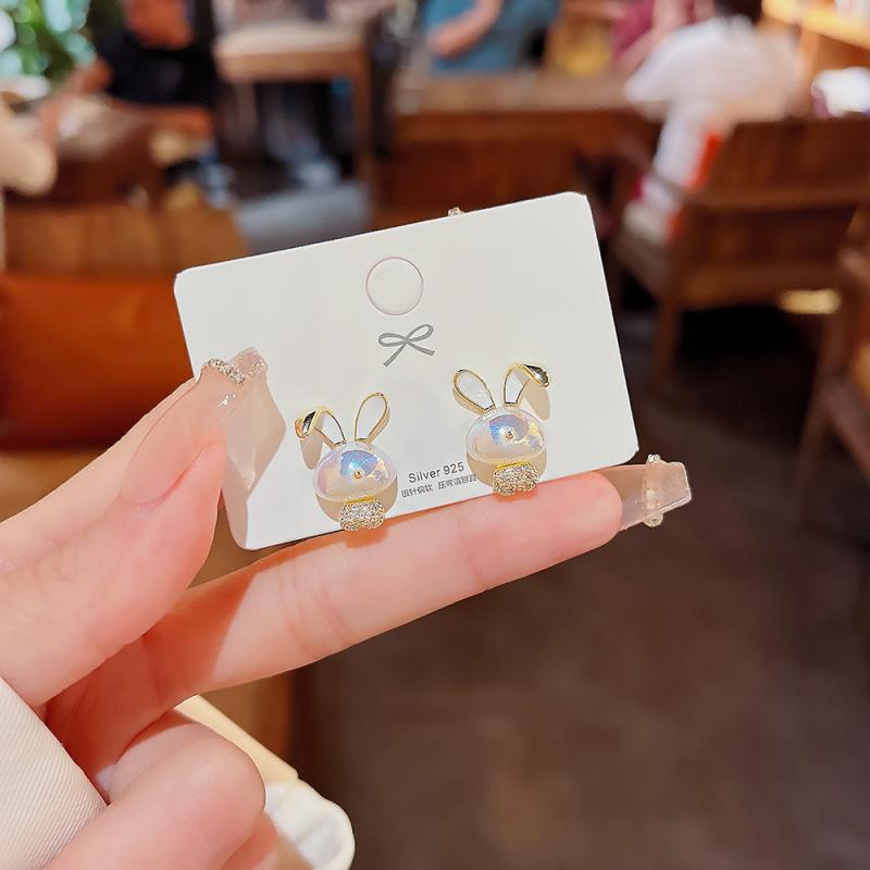 XiaoboACC Bông Tai Mạ Bạc 925 Hình Thỏ Đính Đá Zircon Thời Trang Hàn Quốc