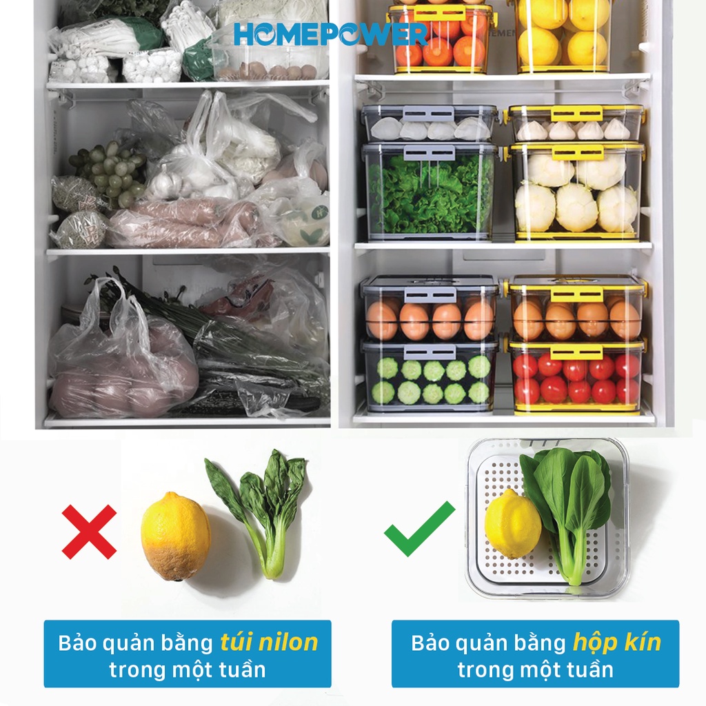 Hộp Đựng Thực Phẩm Tách Nước Hình Chữ Nhật Homepower HCN-VX - Vòng Ghi Chú Thời Gian Bảo Quản Tiện Lợi