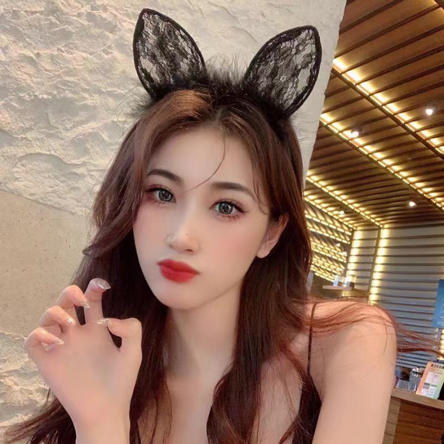 Băng Đô Cài Tóc Tai Mèo Phối Ren Lông Nhung Dễ Thương Xinh Xắn