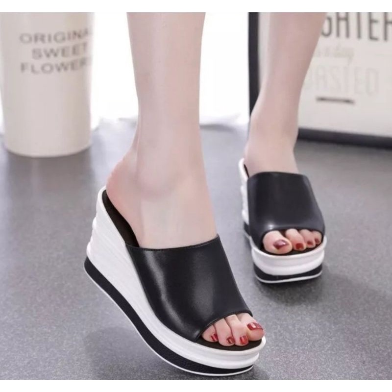 Dép đế xuồng quai da đế bánh mì   sọc 7f