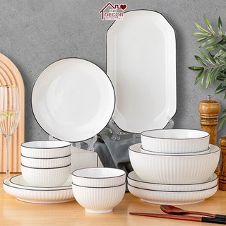 Bộ Bát Đĩa Phố Decor Chất Sứ Tráng Men Cao Cấp Kiểu Dáng Trụ Bo Viền Sang Trọng An Toàn Sức Khỏe