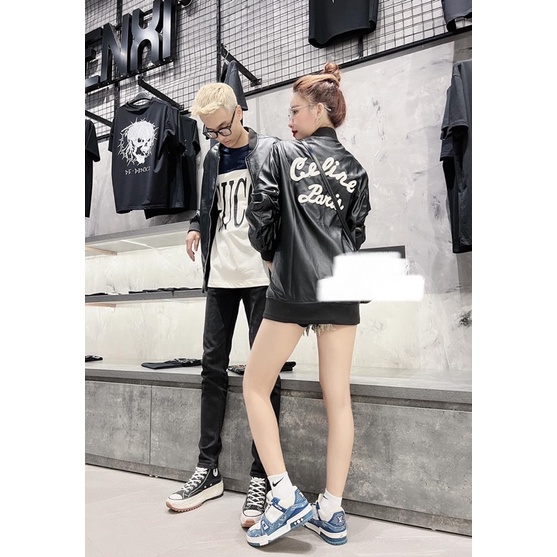 Áo khoác da nam nữ bomber jacket đen bóng thêu chữ C hai mặt khoá zip bo chun 2 lớp sang trọng AK85P