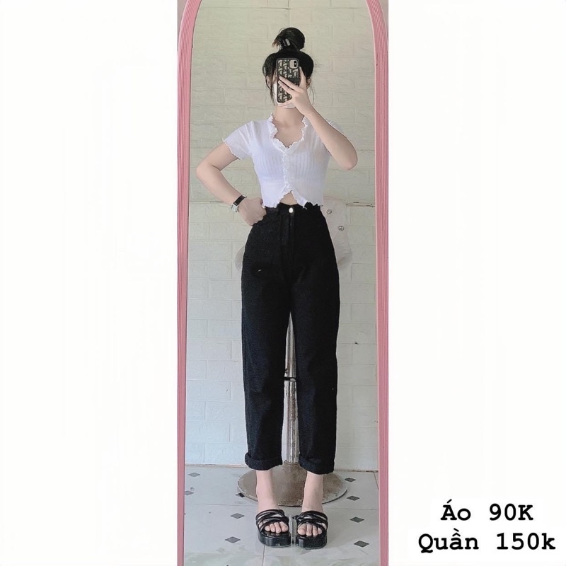 Set baggy jeans lưng cao đen + croptop gân cuốn biên