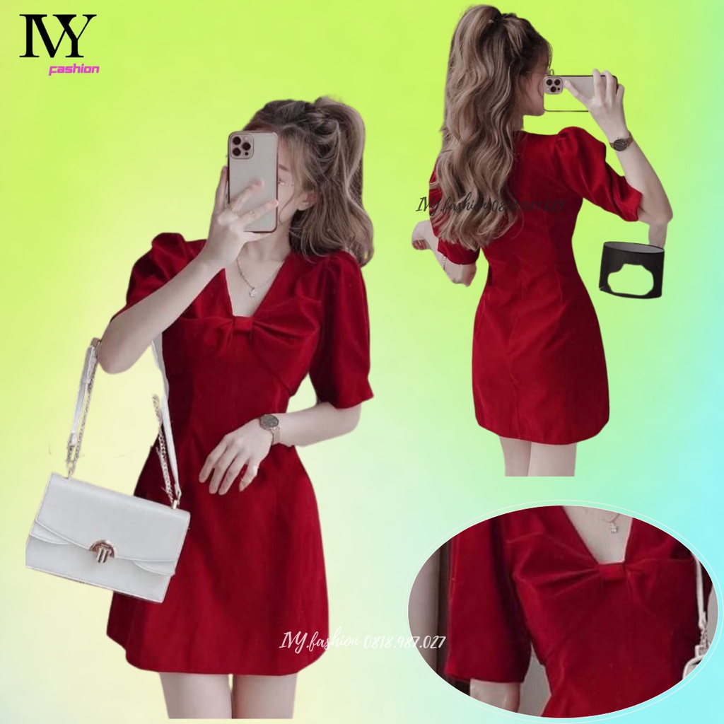 🔥40-65KG🔥 Đầm váy xoè ngắn 🔥nhung đỏ🔥 cổ V tay ngắn phồng nơ ngực chữ A đi biển dự tiệc dạo phố bigsize noel