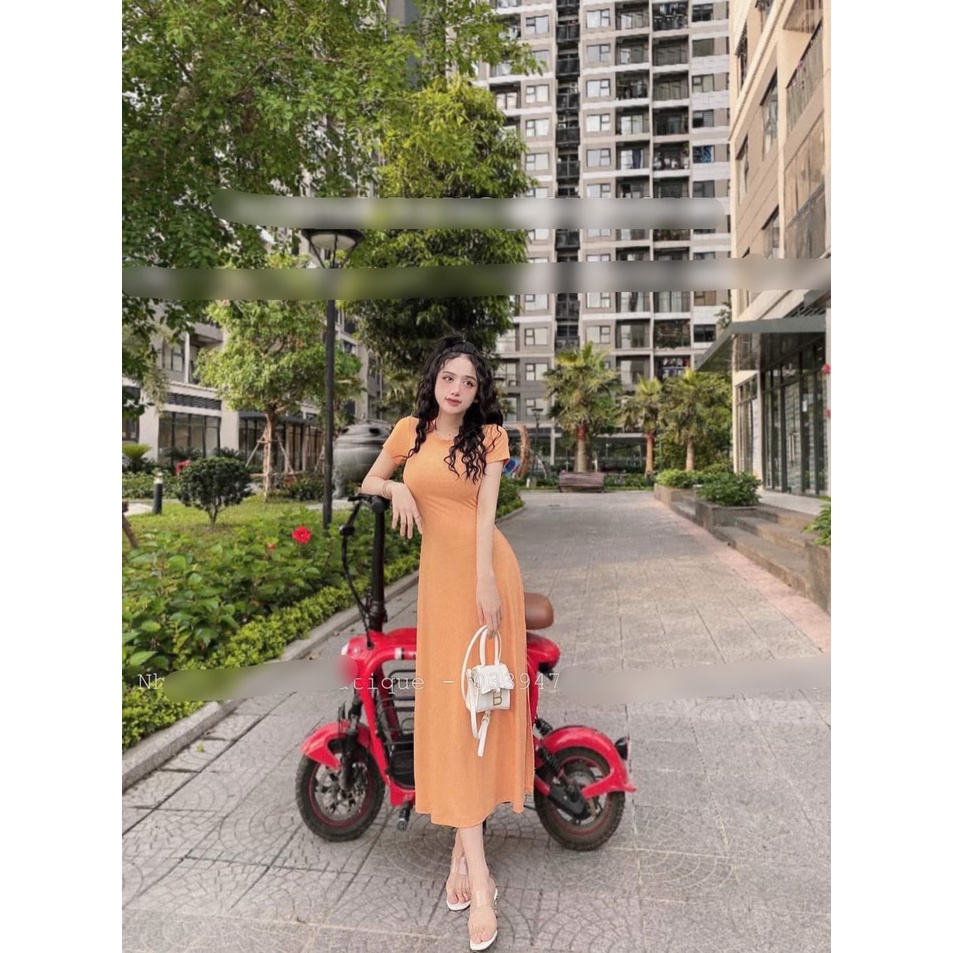 Đầm nữ xẽ tà dáng xòe chất thun bozip trơn kiểu tay ngắn dáng dài maxi hot