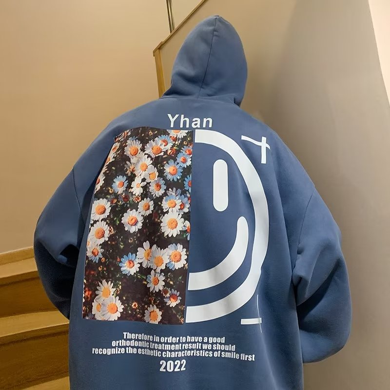 Áo Hoodie Tay Dài Dáng Rộng In Họa Tiết Hoa Cúc Mặt Cười Phong Cách Hip hop Thời Trang Cho Nam Size M-3XL