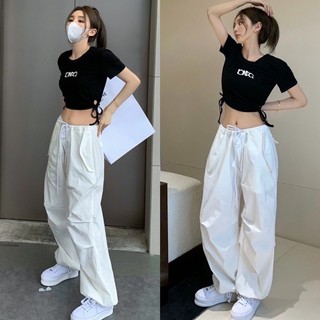 Set áo croptop rút eo kèm quần ống rộng