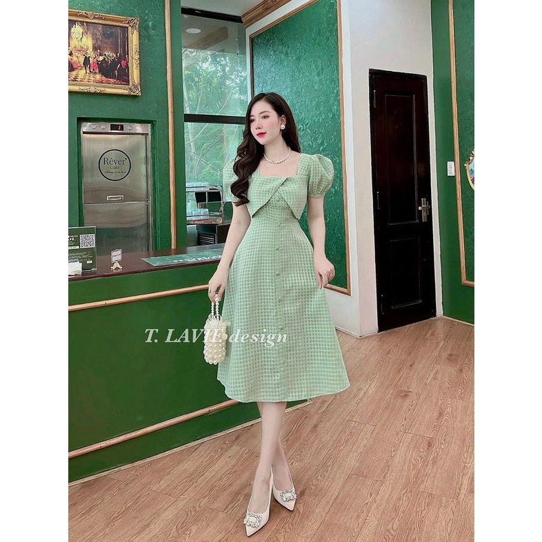 Đầm tiểu thư vải xô ô vuông có mút dáng xòe midi kèm ảnh thật chất vải - váy đi tiệc Hàn Quốc eo thon tôn dáng hàng shop
