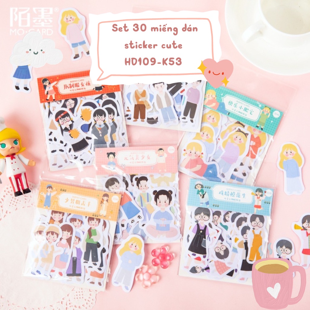 Sticker cute set 30 miếng dán trang trí mẫu hoạt động vui vẻ HD109-K53 dán sổ điện thoại laptop bàn ghế góc làm việc