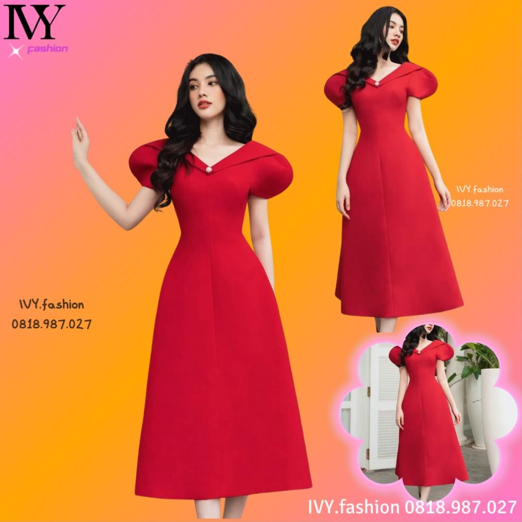 Đầm váy midi xòe dài 🔥Phi mờ ý🔥 cổ V tay phồng đính ngọc đỏ đi biển dự tiệc dạo phố bigsize đám cưới đẹp