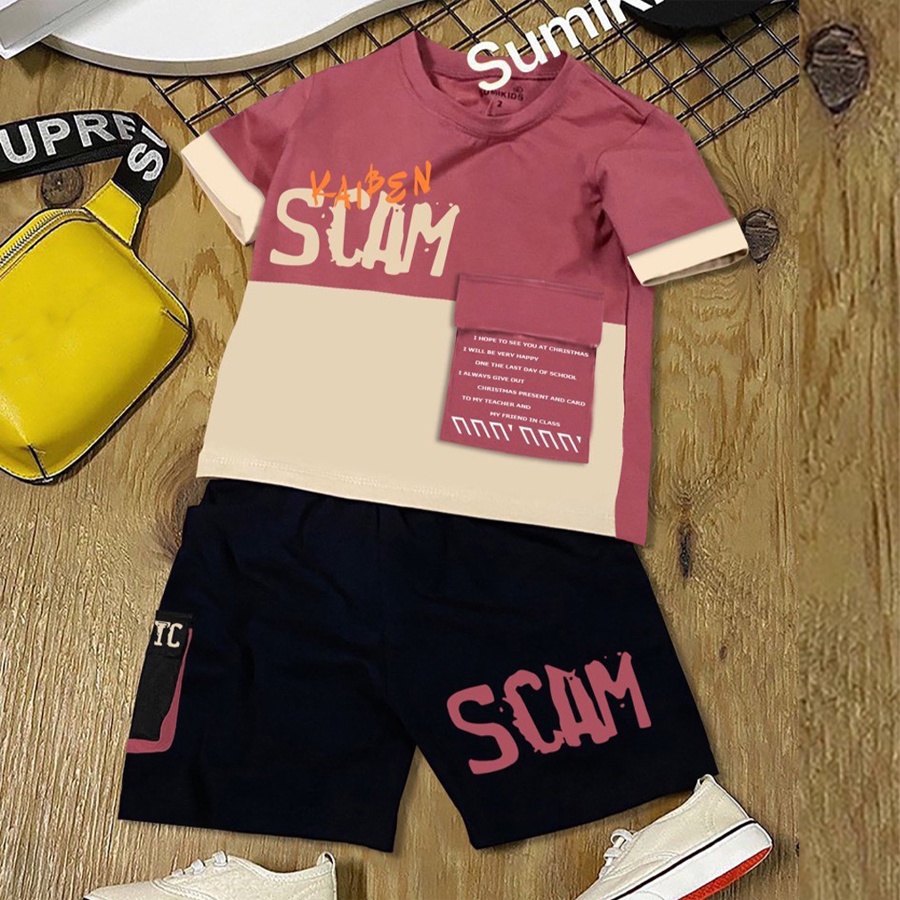 Đồ bộ bé trai, bộ thun túi hộp chữ Scam, 100% cotton cho bé trai từ 10 đến 55kg