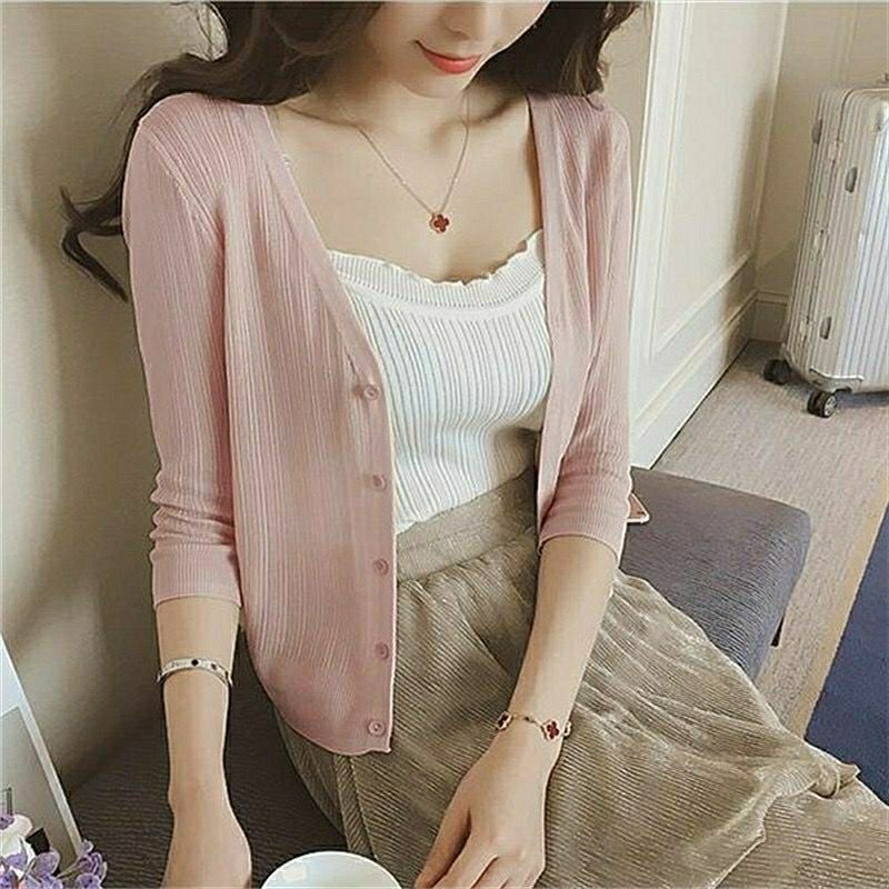 Áo Khoác Cardigan Dệt Kim Mỏng Tay Lỡ Thời Trang Hè Thu Phong Cách Hàn Quốc Cho Nữ