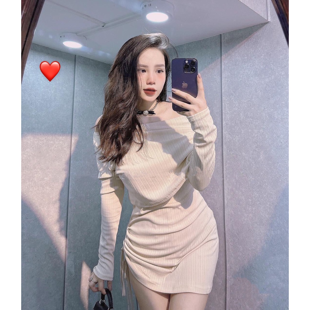 Đầm tay dài trễ vai ôm body dáng ngắn rút dây 1 bên cực hot , chất thun gân mềm mịn
