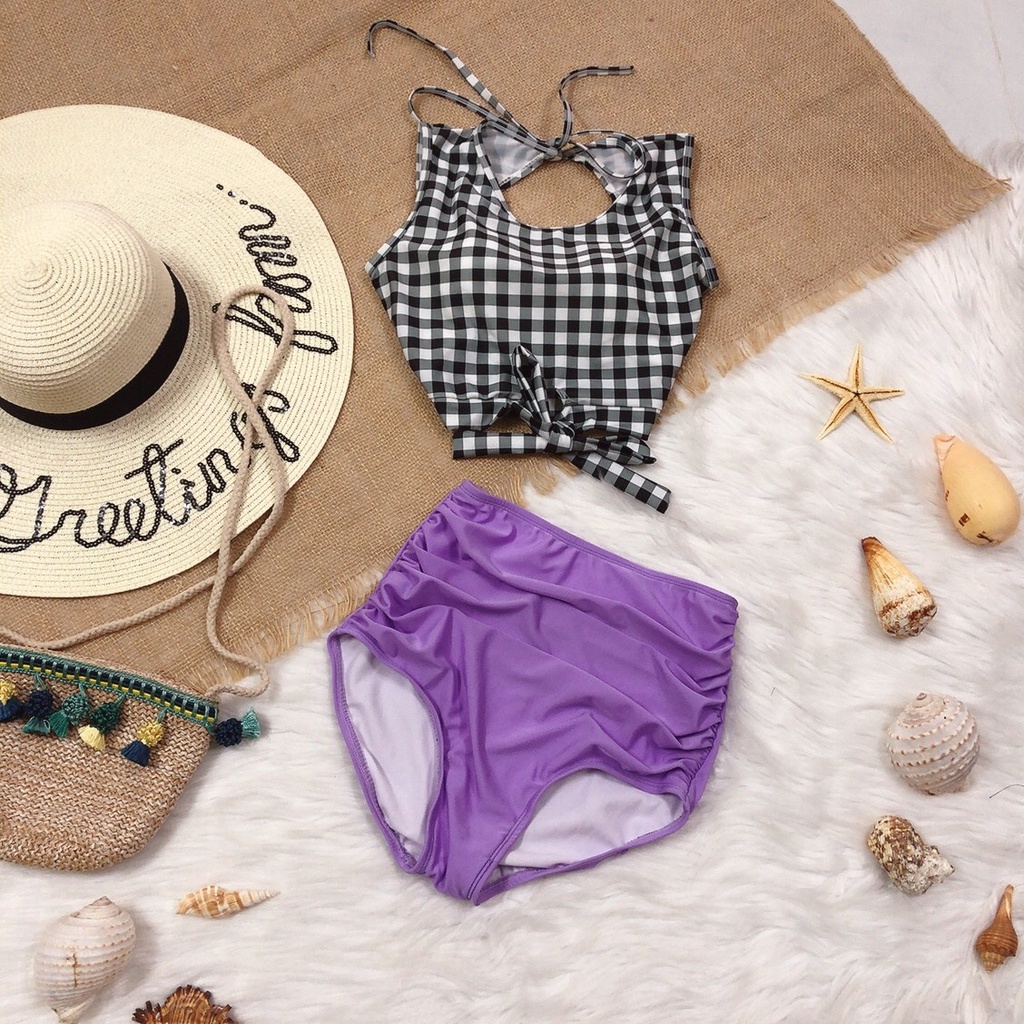 Bikini đi biển đồ bơi nữ 2 mảnh áo họa tiết caro cột dây sau cổ mix quần cao short nhún tím mộng mơ cá tính