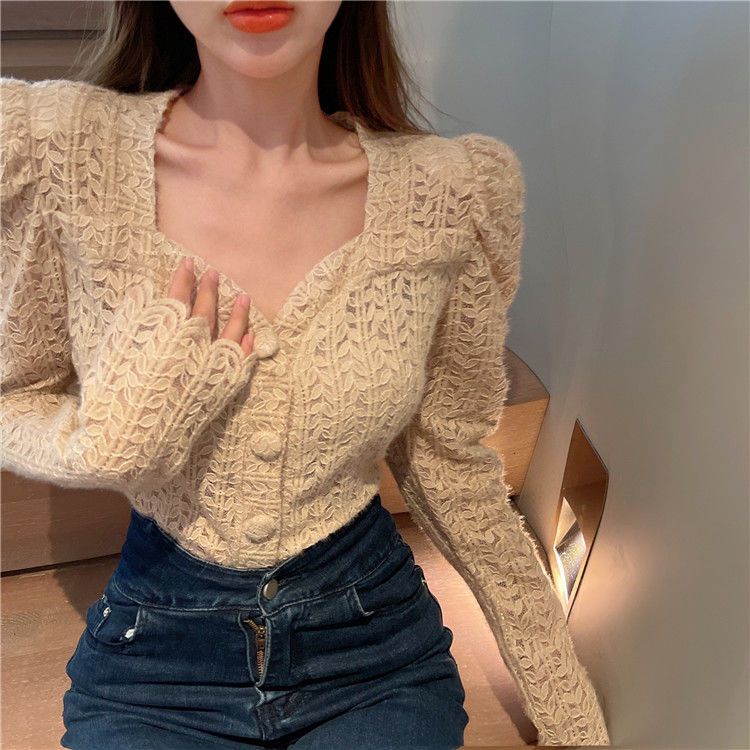 Áo Kiểu Tay Dài Cổ Vuông Phối Ren Thời Trang Mùa Thu Xinh Xắn Cho Nữ