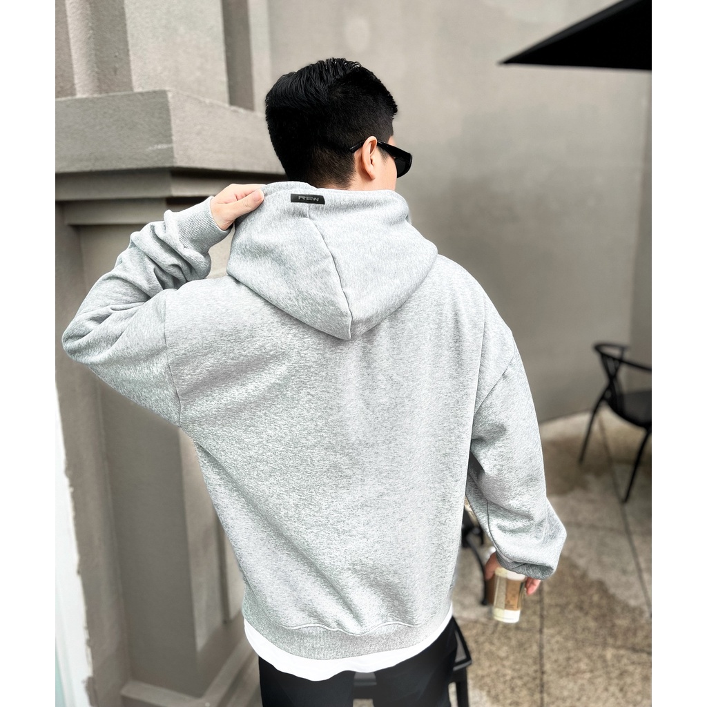 Áo Hoodie xám ghi nhạt form rộng 100% Cotton REW