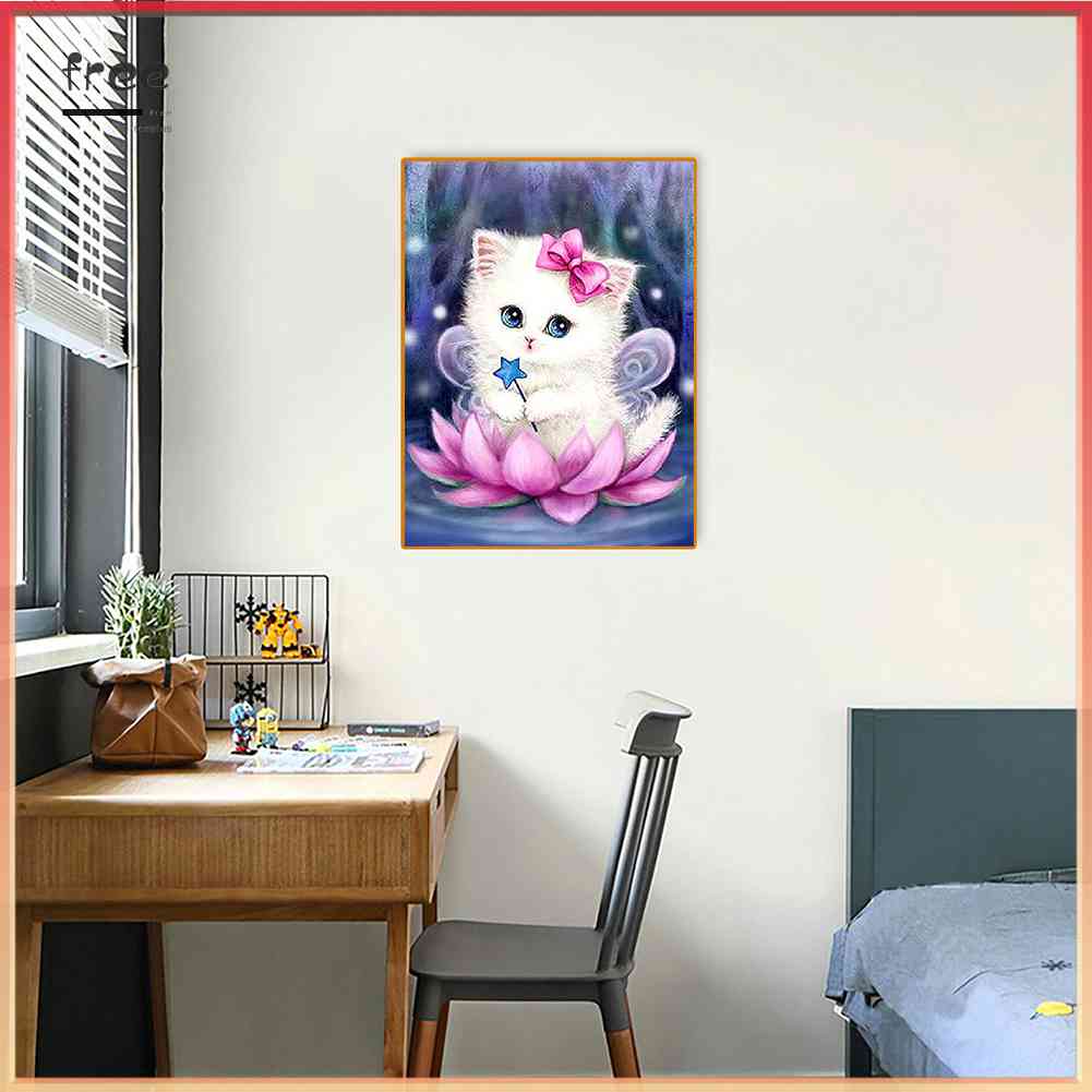 Bộ Tranh Đính Đá 5D DIY Hình Mèo Và Hoa Sen Để Trang Trí Nhà