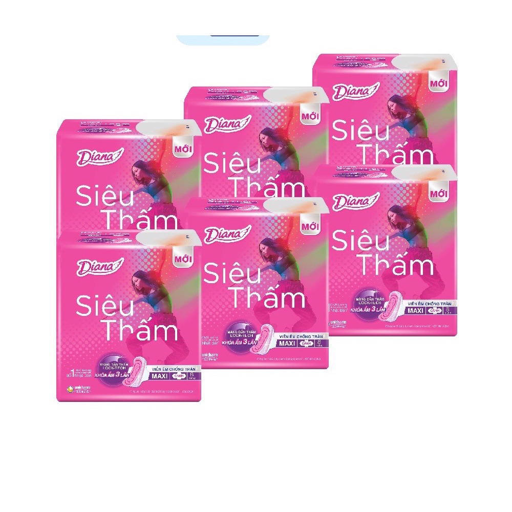 Bộ 6 gói băng vệ sinh Diana siêu thấm cánh Maxi 8 miếng/gói 23cm mặt lưới - chính hãng