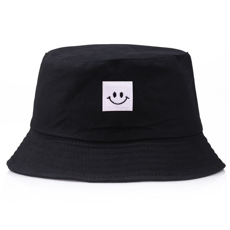 Smiley Face Patch Solid Color Folding Fisherman Hat Outdoor Men Women Bucket Cap