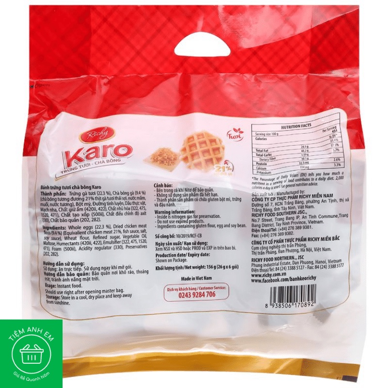 Bánh trứng tươi chà bông Karo Richy gói 6 cái 156g - Có Vị Chà Bông Dừa Mới
