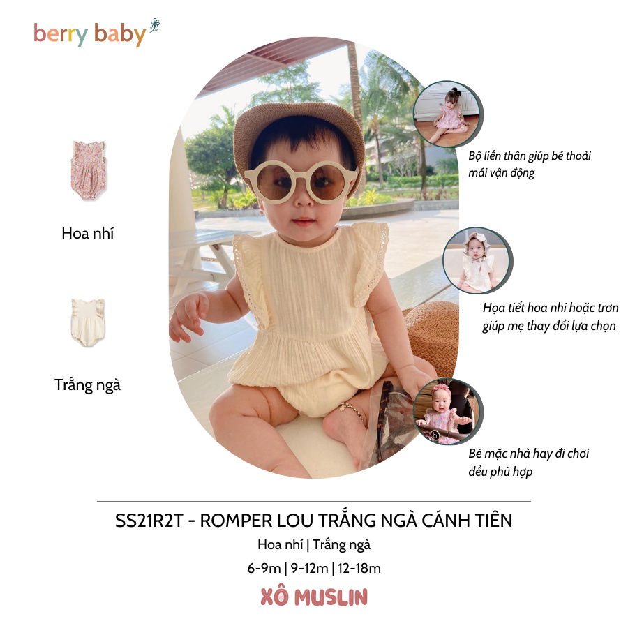 Áo liền quần bé gái berry vai cánh tiên nhiều màu vải xô muslin mềm mịn lou - ảnh sản phẩm 2