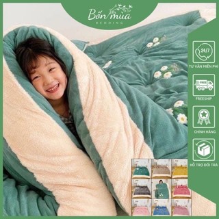 Chăn Lông Thỏ Thêu Hoa Cúc, Chăn Đắp Đại Hàn, Kích Thước 2mx2m3, Nặng 4,5kg - Hàng nhập khẩu cao cấp BỐN MÙA BEDDING