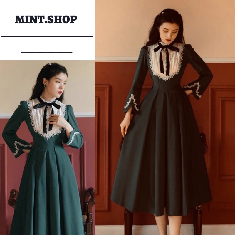 Váy Vintage Dài Tay Phối Ren Dáng Xòe Phong Cách Tiểu Thư