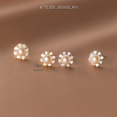 Khuyên tai bạc nữ TLEE trai viền hoa đính đá sang trọng TLEE JEWELRY B0132