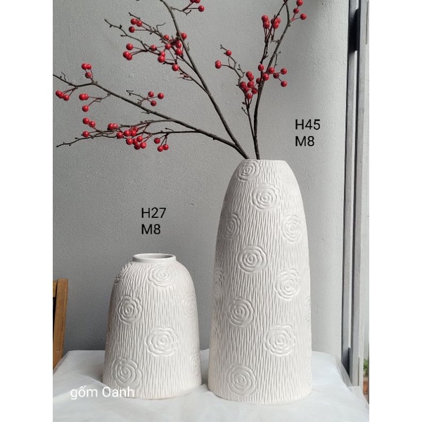 Bình hoa màu trắng khắc hoa hồng quanh bình gốm sứ Bát Tràng cao cấp loại 1