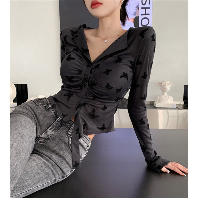Áo Sơ Mi Dài Tay Cổ Chữ V Dáng Ôm In Hình Bướm Thời Trang