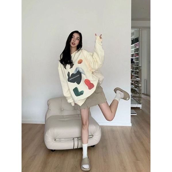 [MURIOKI] Áo Hoodie Cổ Tròn Dáng Rộng Phong Cách Mỹ Thời Trang Cho Nữ