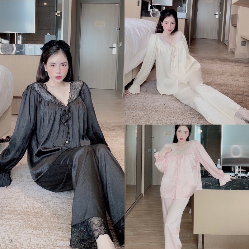 Đồ bộ mặc nhà, đồ ngủ- Pyjama Nữ Dài Tay Cổ V Phối Ren Bèo Tiểu Thư Dễ Thương Thiết Kế chất liệu lụa xước cao cấp
