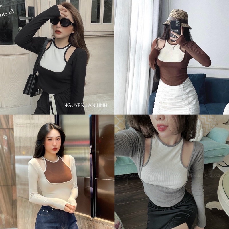 ÁO RỚT VAI CROPTOP TAY DÀI CHẤT GÂN BASIC