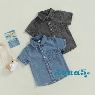 Áo sơ mi denim ngắn tay màu sắc đơn giản cho bé trai