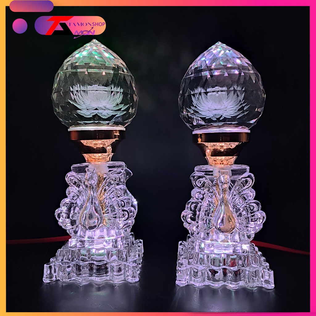 Một Cặp Đèn Thờ Hoa SEN PHA LÊ Nguyên Khối Phát Sáng Toàn Thân,ĐÈN TRANG TRÍ TỦ THỜ PL 60