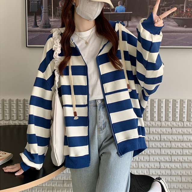 Áo hoodie SUXI tay dài dáng rộng kẻ sọc thời trang mùa thu cho nữ