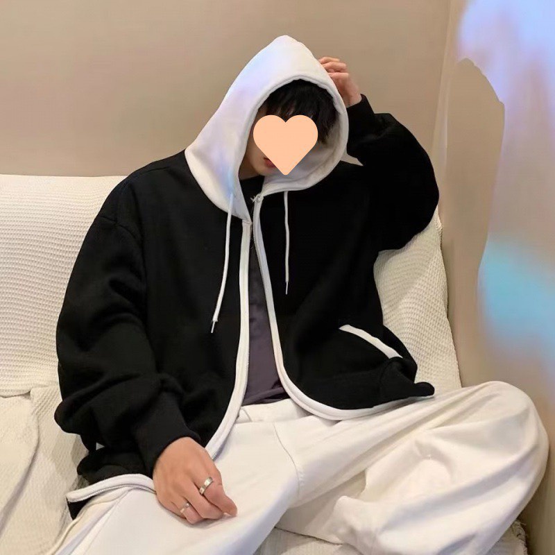 Áo Khoác Hoodie ZIP Có Khóa Kéo Phối Mũ Trắng Thân Đen Cực Chất