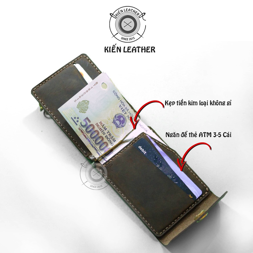 Ví nam mini, ví kẹp tiền money clip thiết kế Kiến Leather