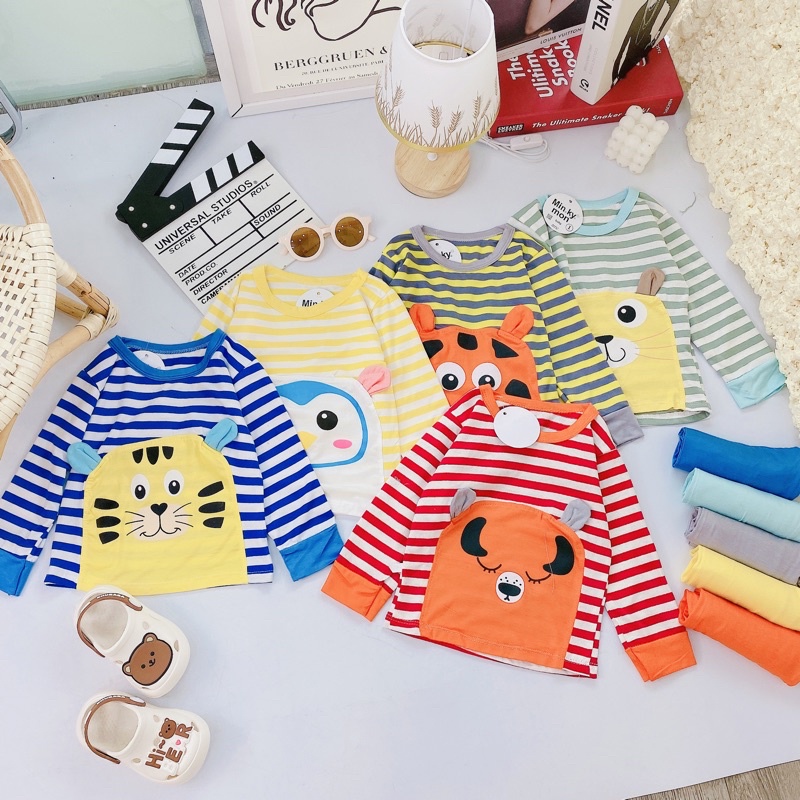 Bộ dài tay thun lạnh Minky Mom kẻ sọc phối màu tai thỏ siêu xinh cho bé(8-18kg)