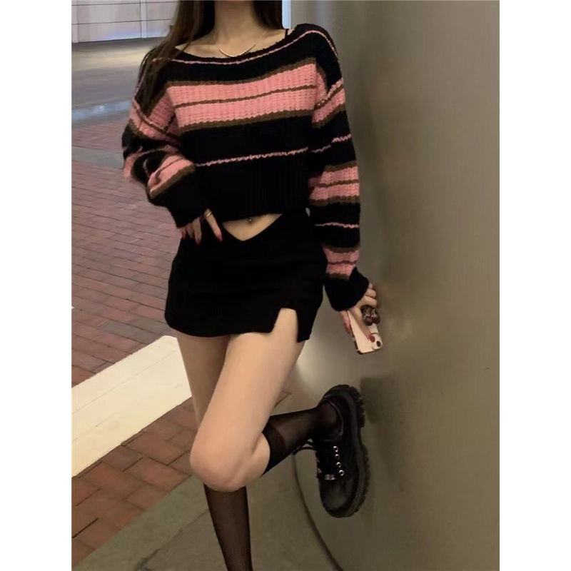 Áo Sweater Dệt Kim Dáng Rộng Ngắn Gợi Cảm Phong Cách Mới Cho Nữ Mặc Ngoài Trời Mùa Xuân Thu Nóng Bỏng