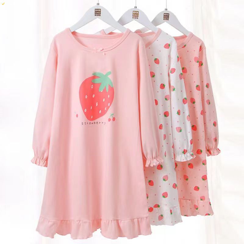 Đầm Ngủ Chất Cotton Tay Dài In Họa Tiết Dâu Tây Hoạt Hình Dễ Thương Thời Trang Xuân Thu Cho Bé Gái 12 10 Tuổi