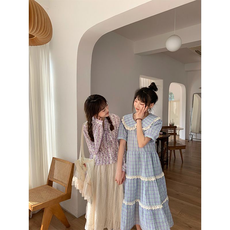 Đầm Midi Tay Ngắn Cổ Peter Pan Họa Tiết Sọc Caro Ngọt Ngào Dễ Thương Thời Trang Mùa Hè Cho Nữ